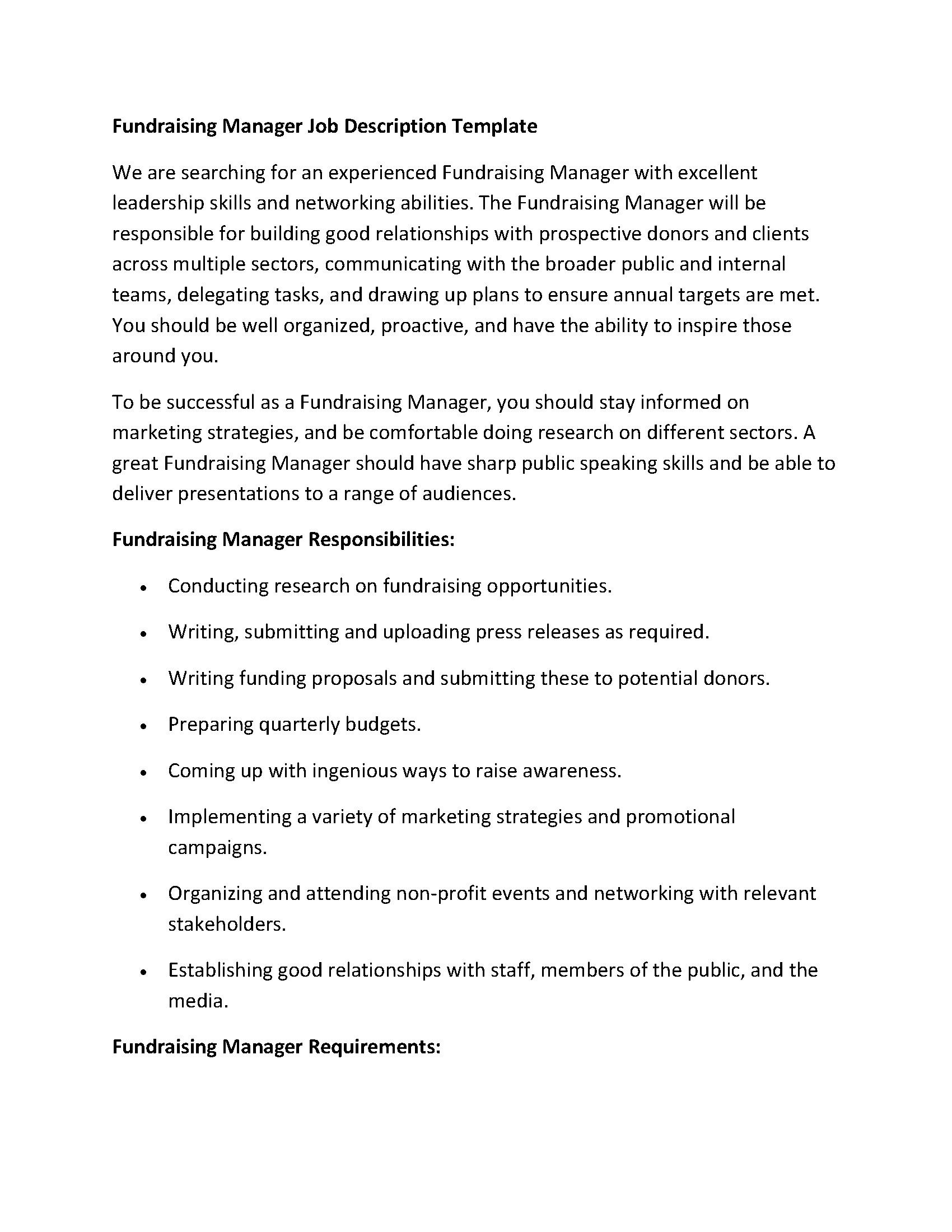 Fundraising Manager Job Description Template